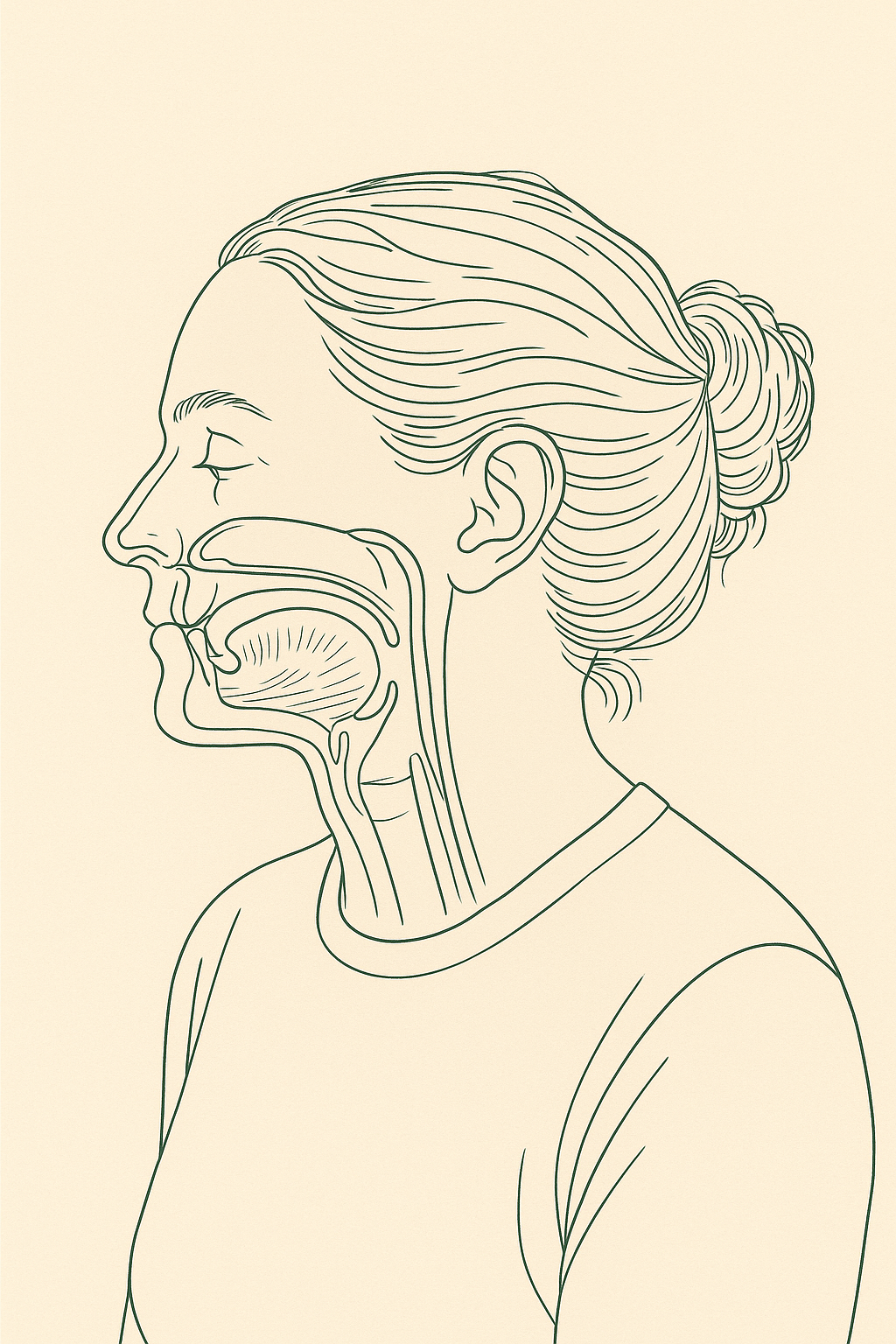Anatomical line study of the same head, showing the airway