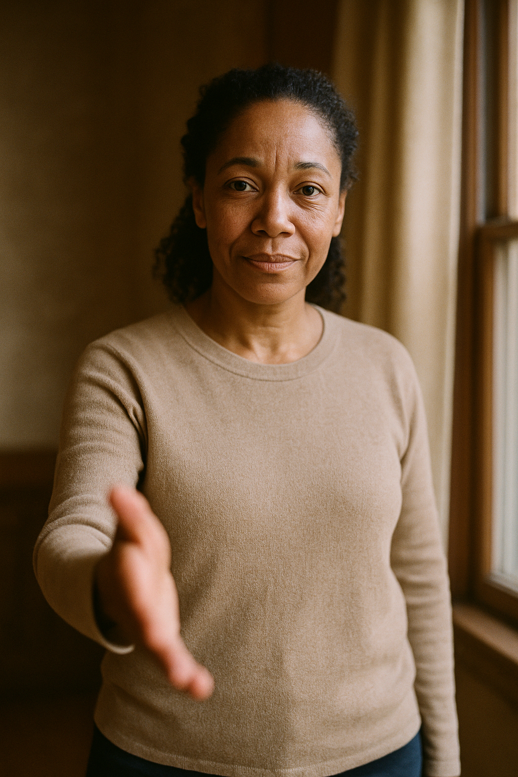 A person greeting warmly with an open, reassuring manner in a softly lit interior