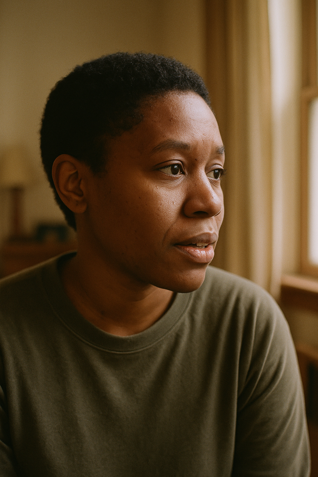 A person mid-conversation, attentive and at ease in gentle natural light