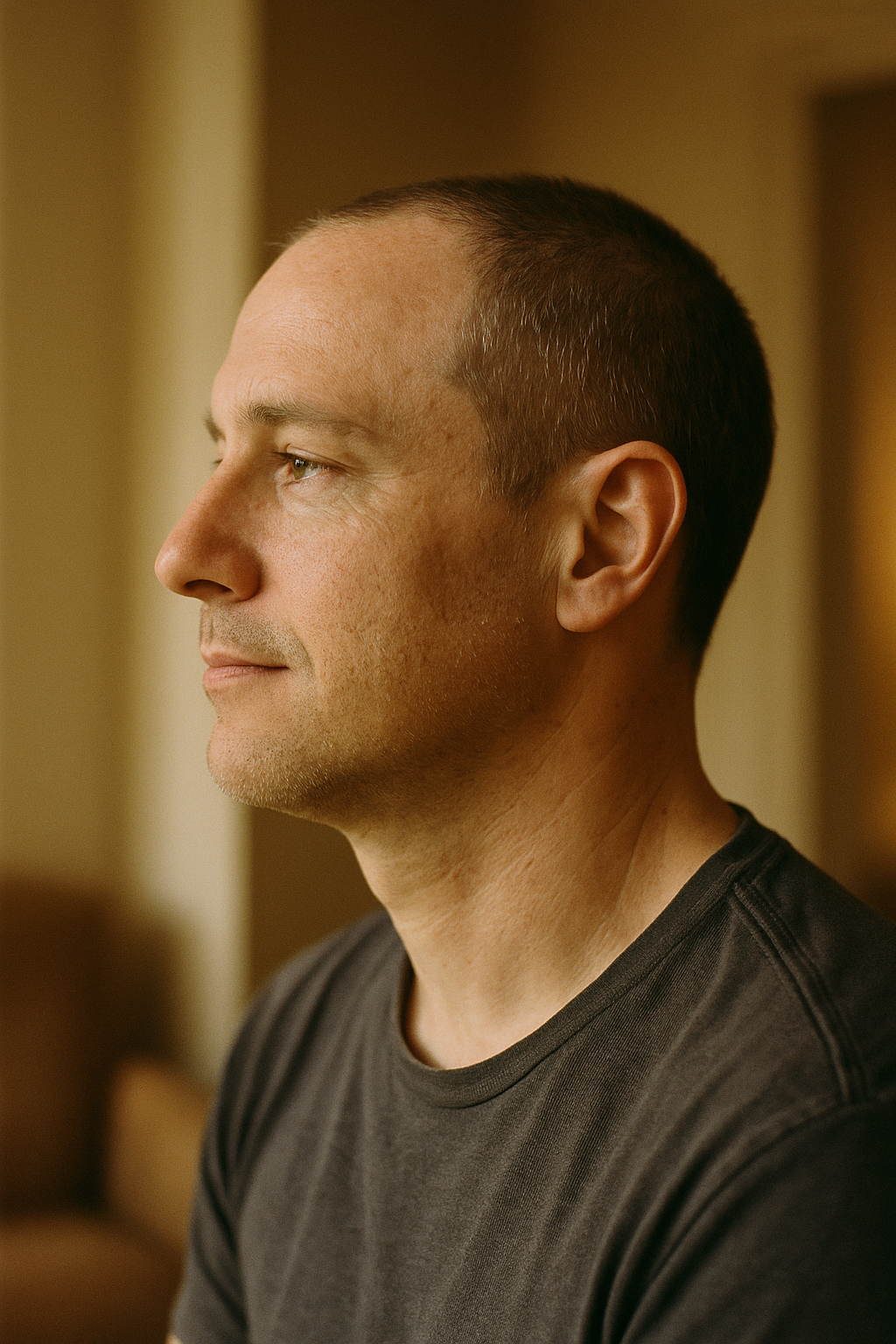 A person's head and shoulders in left profile in soft natural light