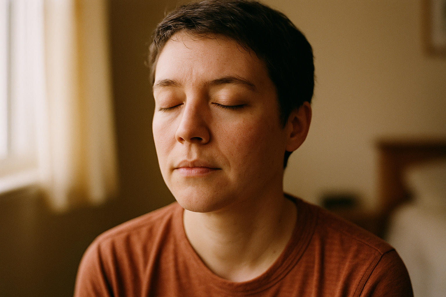 A person in a calm moment of slow, considered breathing