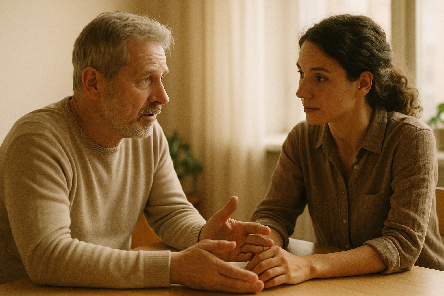 Two adults in considered, attentive consultation