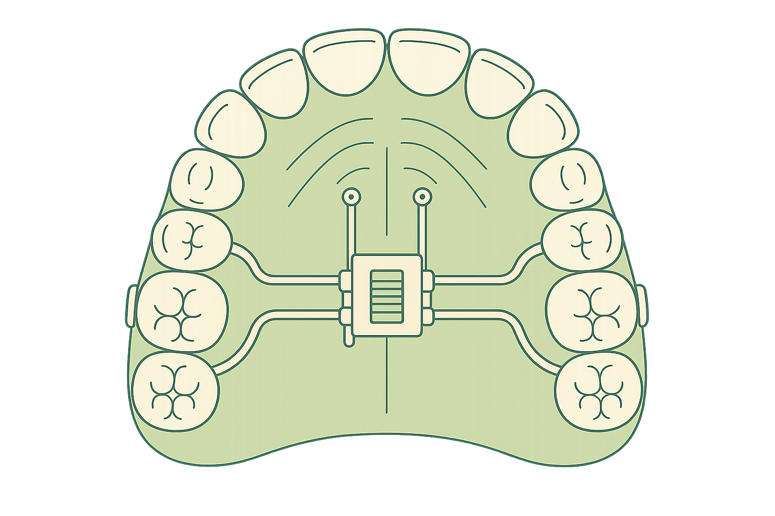 Line illustration of a fixed, skeletally anchored palatal expander on the upper dental arch